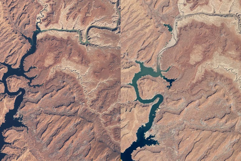 Der Colorado-River und der Lake Powell im März 1999 und rechts im Mai 2014.