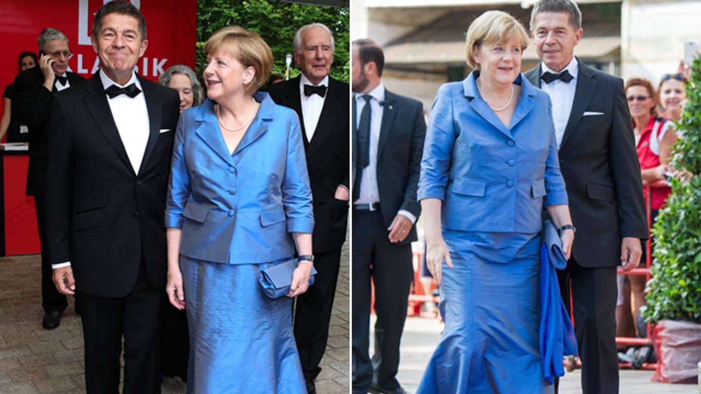 Angela Merkel mit Ehemann Joachim Sauer bei den Bayreuther Festspielen 2014 (li.) und 2013 (re.)