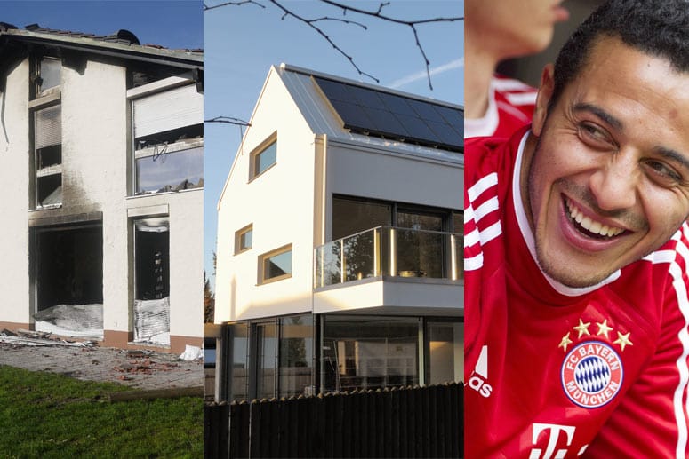 Links: Das Haus vor rund drei Jahren, nachdem Breno es in Brand gesetzt hatte. Mitte: Das Haus im heutigen Zustand. Rechts: Bayern-Star Thiago.