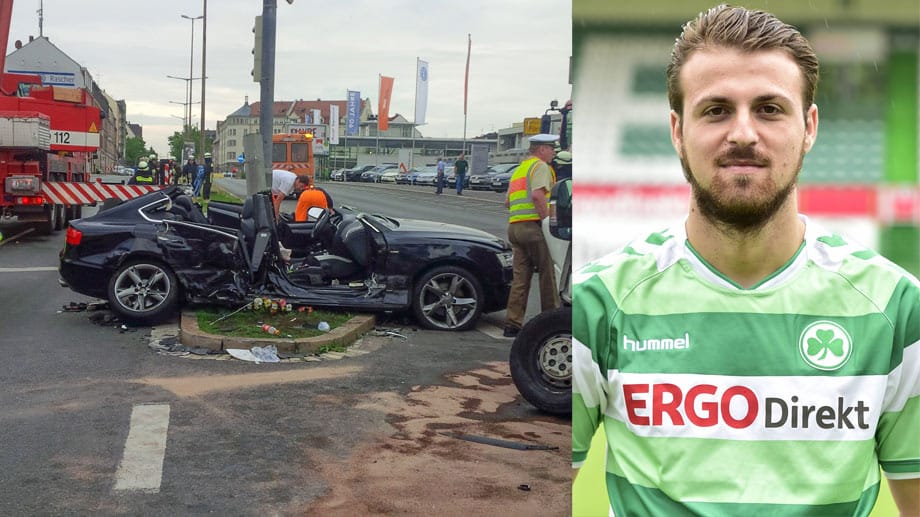 Aus diesem Unfall-Wagen (li.) musste Fürths Profi Ilir Azemi (re.) befreit werden. Aus diesem Unfall-Wagen (li.) musste Fürths Profi Ilir Azemi (re.) befreit werden.