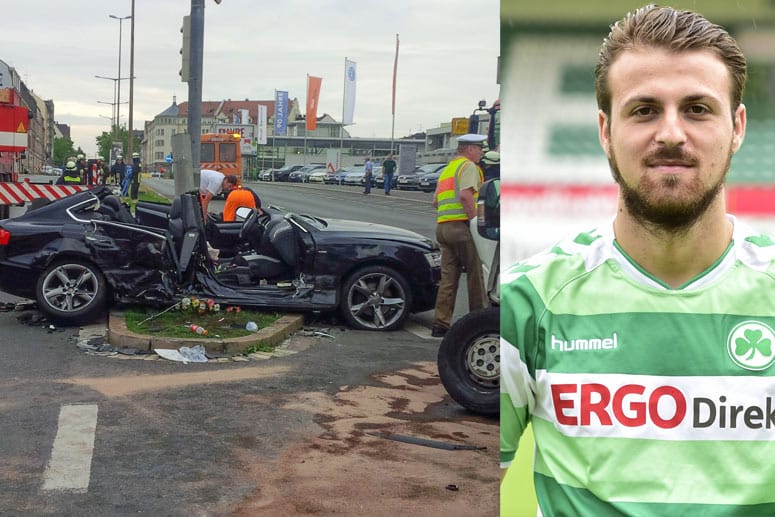 Aus diesem Unfall-Wagen (li.) musste Fürths Profi Ilir Azemi (re.) befreit werden.