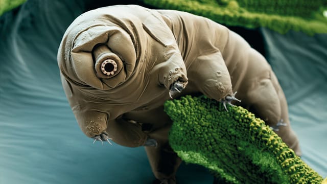 Ein Bärtierchen, das sich an eine Alge klammert. Die etwa einen Millimeter großen Tierchen erinnern in ihrer Fortbewegungsweise und ihrem Aussehen etwas an Bären. Ein Bärtierchen, das sich an eine Alge klammert. Die etwa einen Millimeter großen Tierchen erinnern in ihrer Fortbewegungsweise und ihrem Aussehen etwas an Bären.