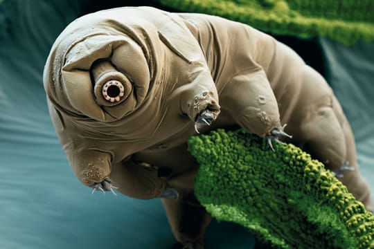 Ein Bärtierchen, das sich an eine Alge klammert. Die etwa einen Millimeter großen Tierchen erinnern in ihrer Fortbewegungsweise und ihrem Aussehen etwas an Bären.