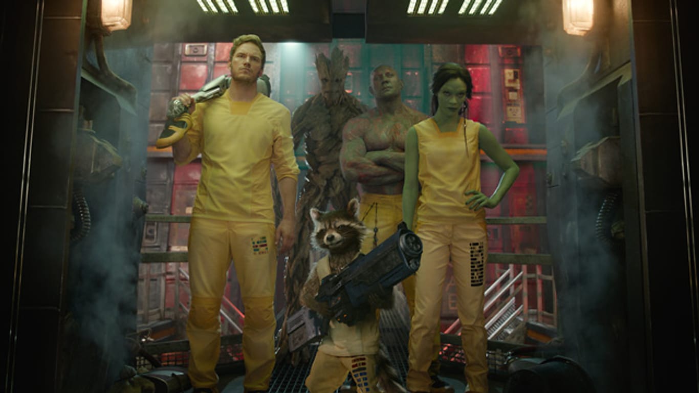 Die Guardians of the Galaxy (v.li.): Peter Quill, Groot, Rocket Raccoon, Drax und Gamora