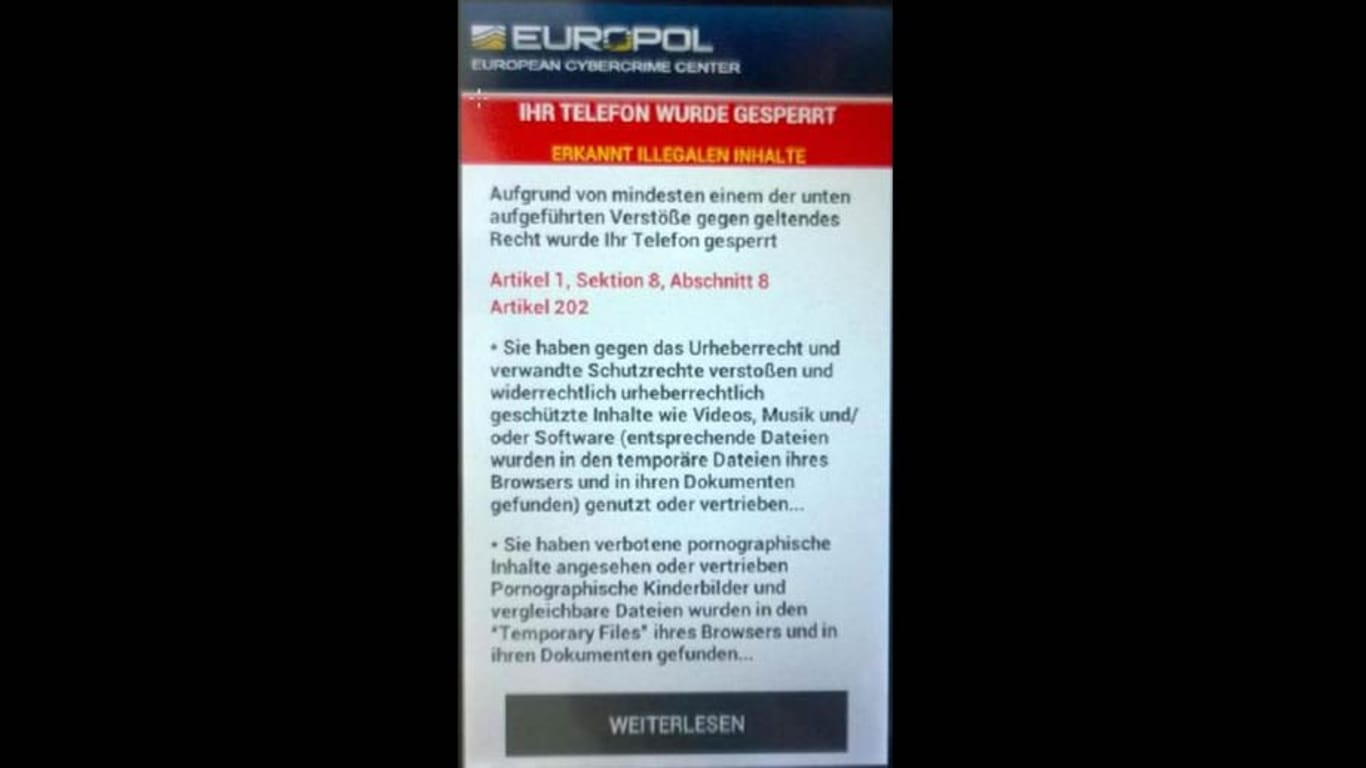 Screenshot des Europol-Trojaners auf einem Android-Smartphone