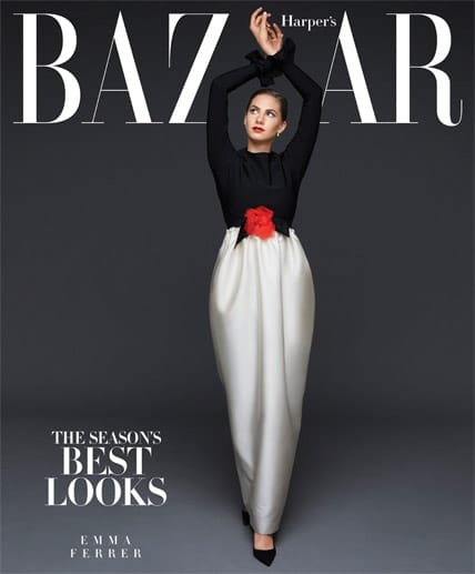 In einer eleganten schwarz-weiß Kombination von Lanvin mit Perlenohrringen, rotem Lippenstift und Hochsteckfrisur ließ sich Emma ganz stilsicher für das "Harper's Bazaar"-Cover von Michael Avedon ablichten.