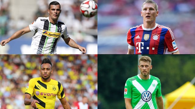 Granit Xhaka von Gladbach (o.li.), Bastian Schweinsteiger vom FC Bayern (o.re.) , BVB-Star Pierre-Emerick Aubameyang (u.li.) und Wolfsburgs Neuer, Aaron Hunt, (u.re.) in ihren Trikots für die Saison 2014/15. Granit Xhaka von Gladbach (o.li.), Bastian Schweinsteiger vom FC Bayern (o.re.) , BVB-Star Pierre-Emerick Aubameyang (u.li.) und Wolfsburgs Neuer, Aaron Hunt, (u.re.) in ihren Trikots für die Saison 2014/15.