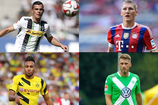 Granit Xhaka von Gladbach (o.li.), Bastian Schweinsteiger vom FC Bayern (o.re.) , BVB-Star Pierre-Emerick Aubameyang (u.li.) und Wolfsburgs Neuer, Aaron Hunt, (u.re.) in ihren Trikots für die Saison 2014/15.