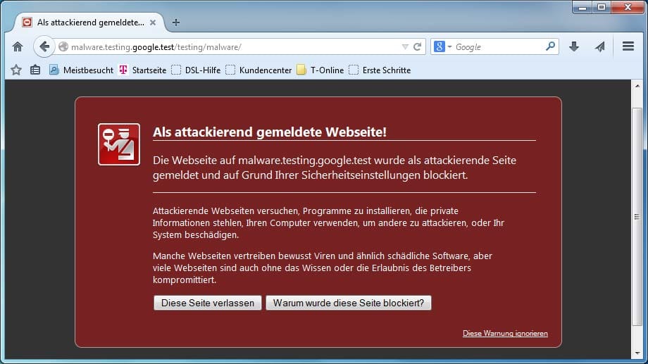 Warnhinweis über mit Schadsoftware infizierte Seiten im Firefox-Browser
