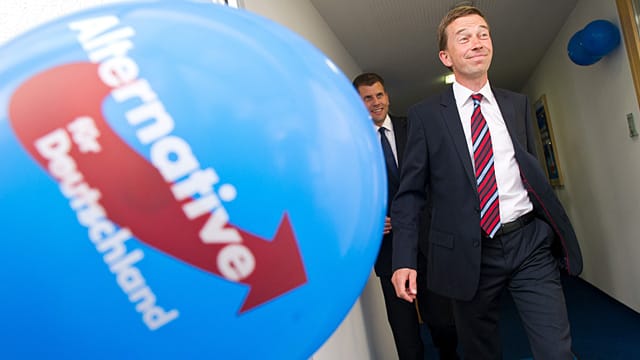 Der Vorsitzende der AfD, Bernd Lucke, gut gelaunt auf dem Weg zu einer Wahlparty