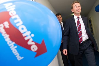 Der Vorsitzende der AfD, Bernd Lucke, gut gelaunt auf dem Weg zu einer Wahlparty