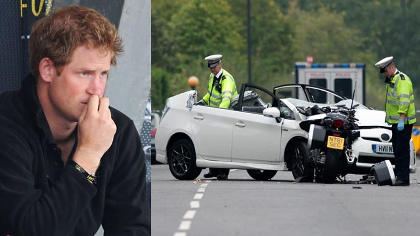 Ein Motorradpolizist aus Prinz Harrys Eskorte stieß mit einem Auto zusammen.