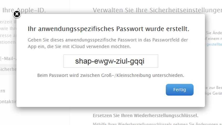 Apple generiert dann automatisch ein sicheres 16-stelliges Passwort.