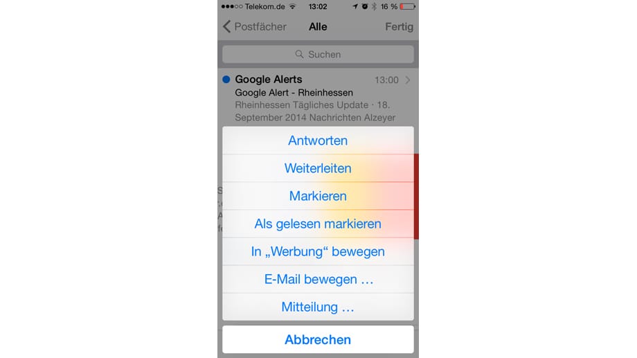 Die App Mail hat mit dem Knopf " Mehr" weitere Funktionen zu bieten.