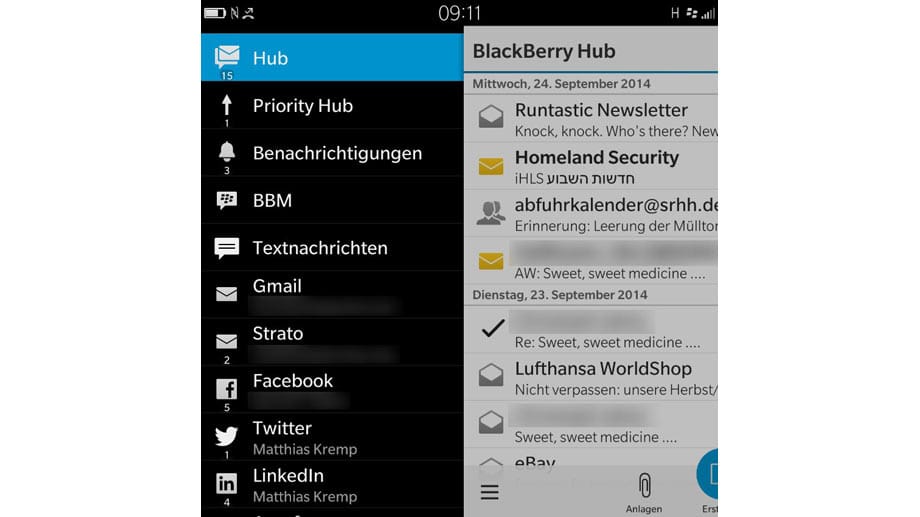 Blackberry Hub: Hier werden Nachrichten aus allen Datenquellen, die man konfiguriert hat, zusammengeführt. Eine sehr übersichtliche Methode, sich einen Überblick zu verschaffen.