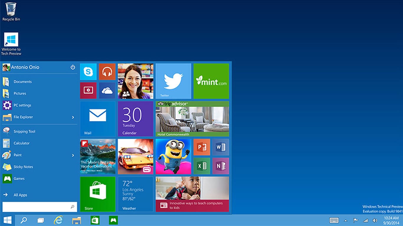 Desktop-Ansicht mit Startmenü von Windows 10