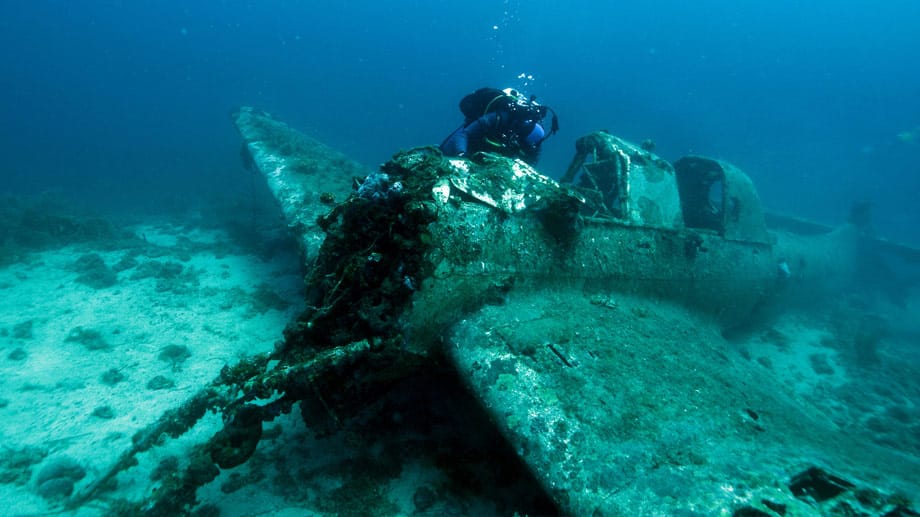 Ein Taucher beim Wrack des Weltkriegsbombers. Mehr als 5.500 Ju 87 wurden zwischen 1937 und 1944 gebaut. Ein Taucher beim Wrack des Weltkriegsbombers. Mehr als 5.500 Ju 87 wurden zwischen 1937 und 1944 gebaut.