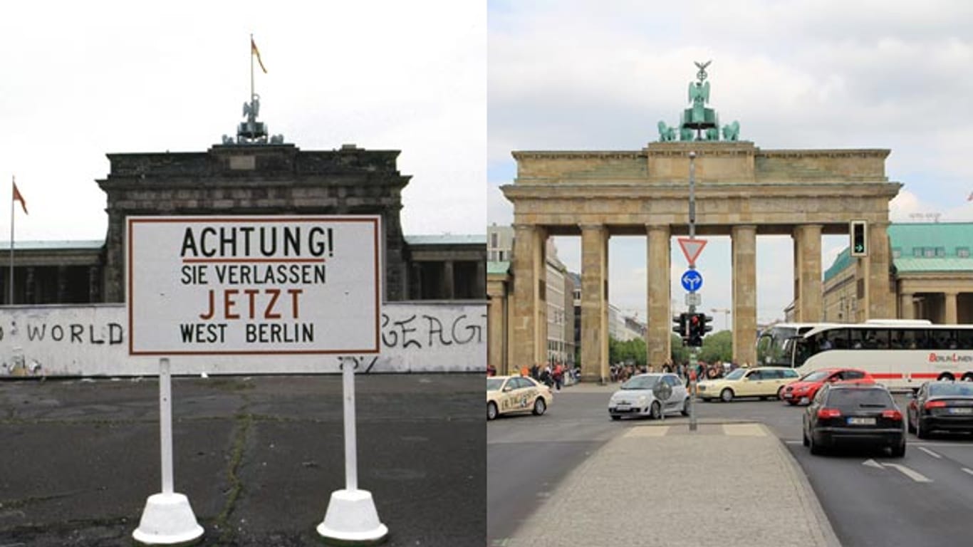 Das Brandenburger Tor früher und heute - nach dem Fall der Mauer sind die Spuren der deutsch-deutschen Grenze vielerorts beinahe verschwunden