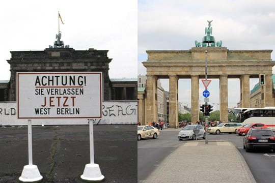 Das Brandenburger Tor früher und heute - nach dem Fall der Mauer sind die Spuren der deutsch-deutschen Grenze vielerorts beinahe verschwunden