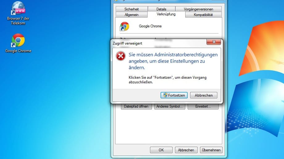 Falls Sie sich nicht als Administrator in Windows eingeloggt haben, poppt eine Fehlermeldung auf. Klicken Sie einfach auf "Fortsetzen" und die Änderungen werden aktiv.
