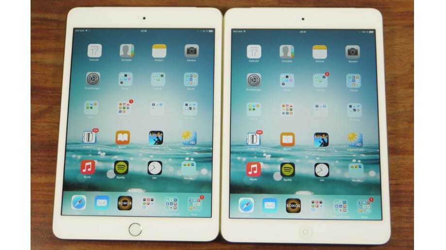 Alt und neu: Das iPad mini 3 unterscheidet sich technisch nur durch den TouchID-Sensor in der Home-Taste vom iPad mini 2.