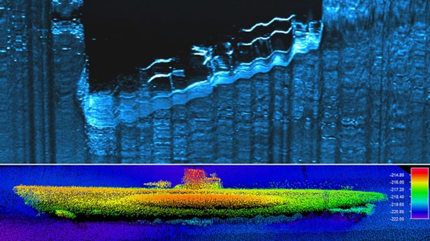Das von der NOAA herausgegebene Sonar-Bild zeigt das deutsche U-Boot, das vor der US-Küste auf dem Meeresboden liegt