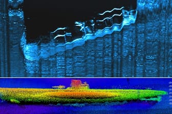 Das von der NOAA herausgegebene Sonar-Bild zeigt das deutsche U-Boot, das vor der US-Küste auf dem Meeresboden liegt