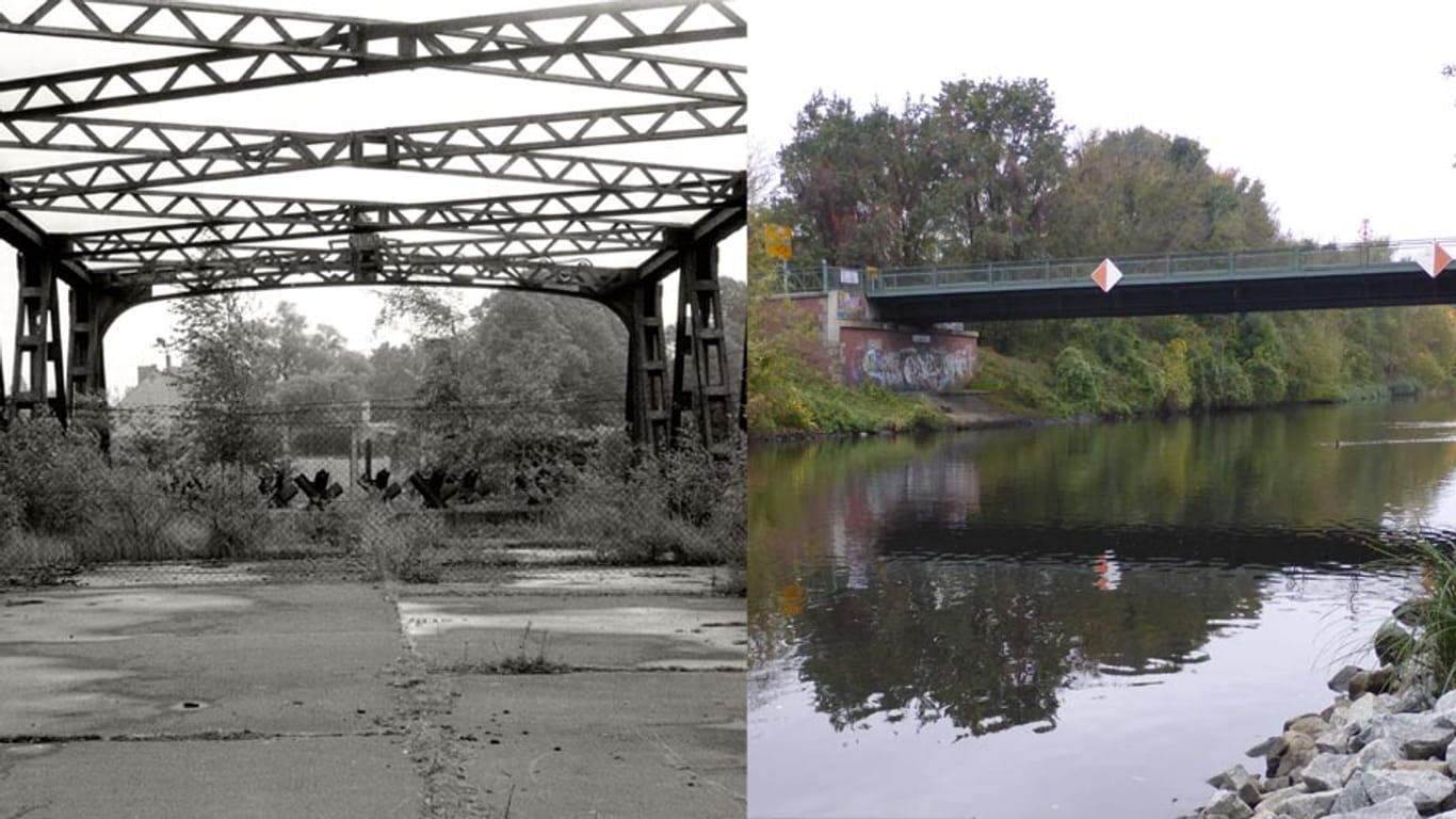 Links die Knesebeckbrücke zwischen Berlin und Teltow im Jahr 1980, rechts im Jahr 2014. (Fotos: M. Jödicke/B. Schlichting)
