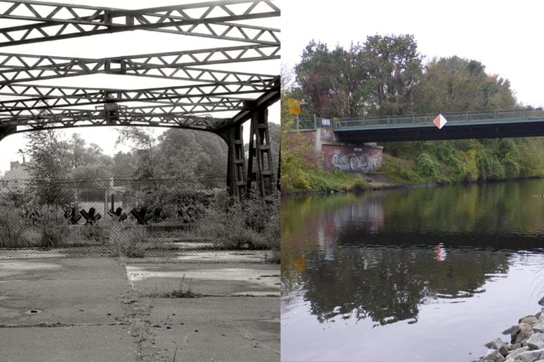 Links die Knesebeckbrücke zwischen Berlin und Teltow im Jahr 1980, rechts im Jahr 2014. (Fotos: M. Jödicke/B. Schlichting)