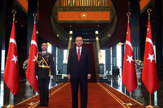 Der türkische Präsident Recep Tayyip Erdogan posiert in seinem Palast.
