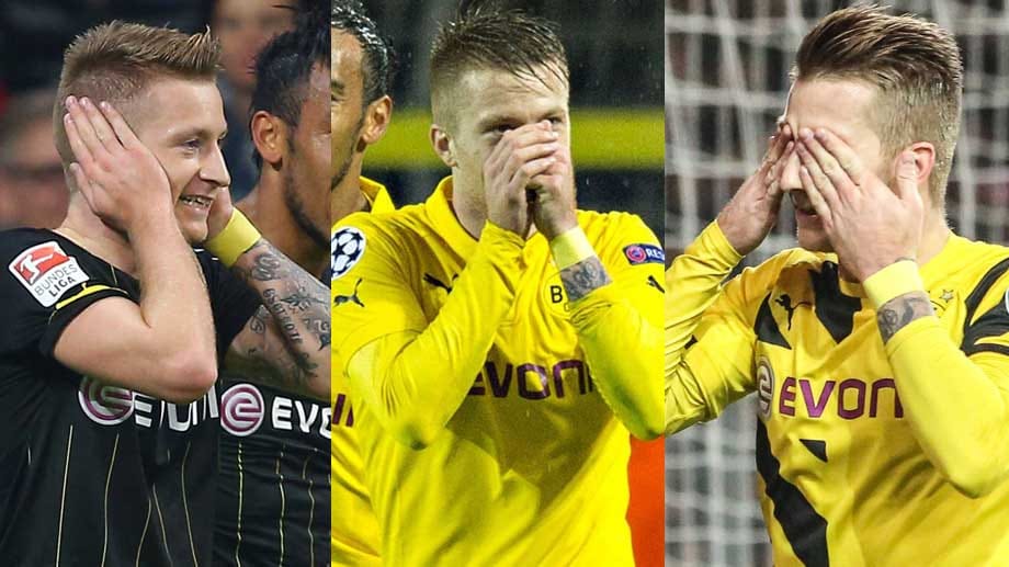 Marco Reus und seine kuriose Torjubel-Trilogie gegen Bayern, Galatasaray und St. Pauli (v.li.) Marco Reus und seine kuriose Torjubel-Trilogie gegen Bayern, Galatasaray und St. Pauli (v.li.)