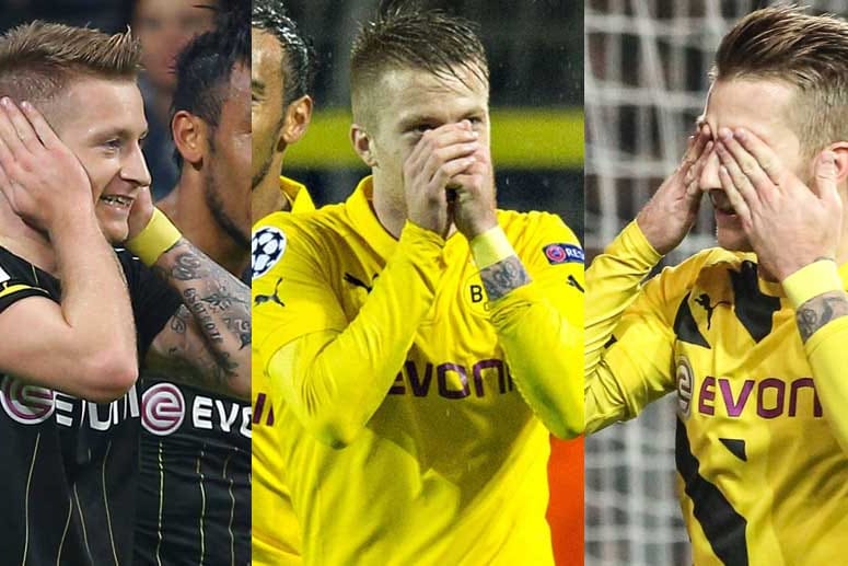Marco Reus und seine kuriose Torjubel-Trilogie gegen Bayern, Galatasaray und St. Pauli (v.li.)