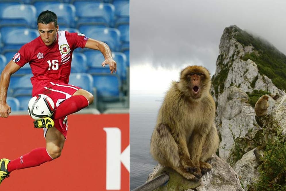 Nationalspieler Brian Perez am Ball und ein Affe auf dem berühmten gleichnamigen Felsen