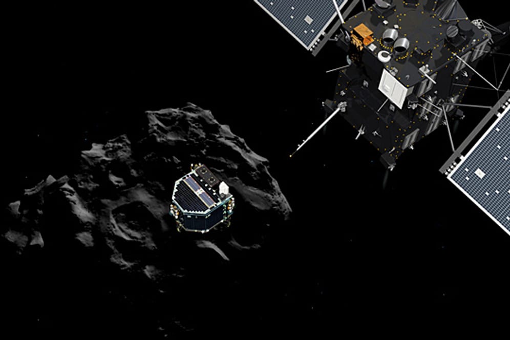 Die Raumsonde Rosetta fliegt über dem Kometen Tschuri durchs All. Dort ist "Philae" gelandet. (Illustration)