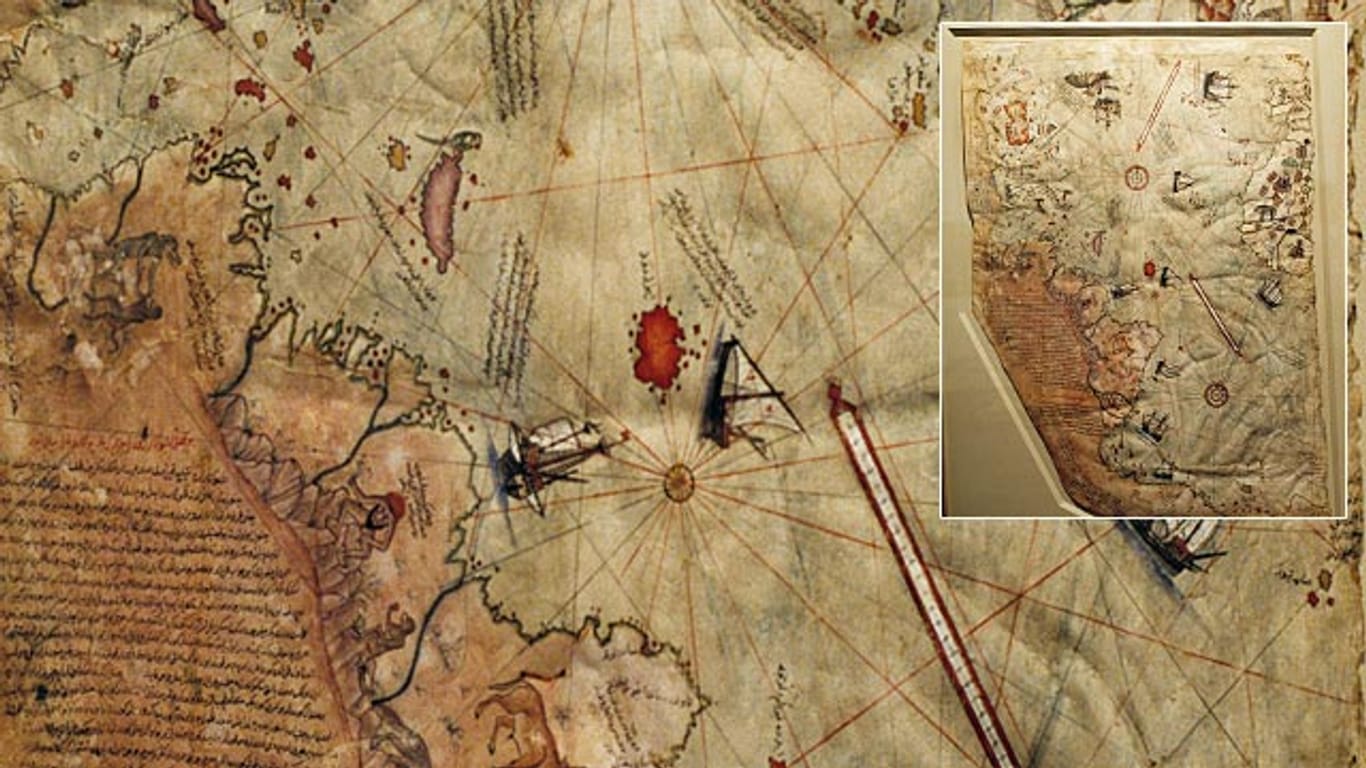 Eine osmanische Karte des Atlantiks mit einigen Ländern Süd- und Mittelamerikas ist die des Admirals Piri Reis von 1513