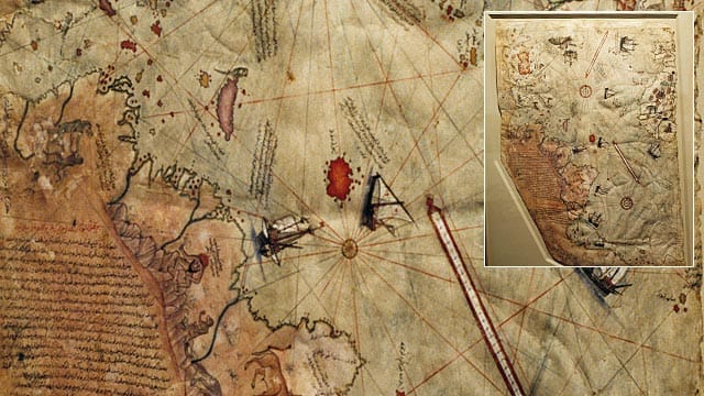 Eine osmanische Karte des Atlantiks mit einigen Ländern Süd- und Mittelamerikas ist die des Admirals Piri Reis von 1513