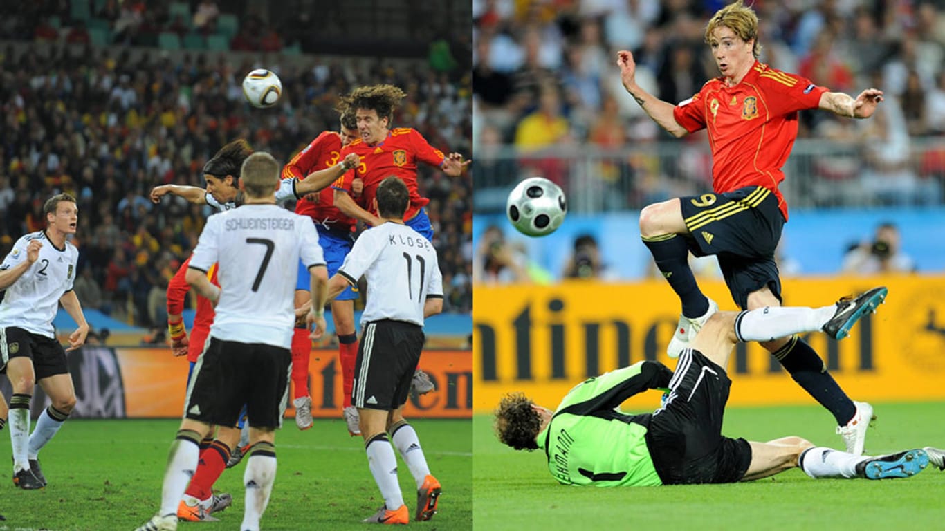 Carlos Puyol trifft im WM-Halbfinale 2010 (li.), Fernando Torres im EM-Finale 2008 - beide Male wirft Spanien das DFB-Team aus dem Turnier.