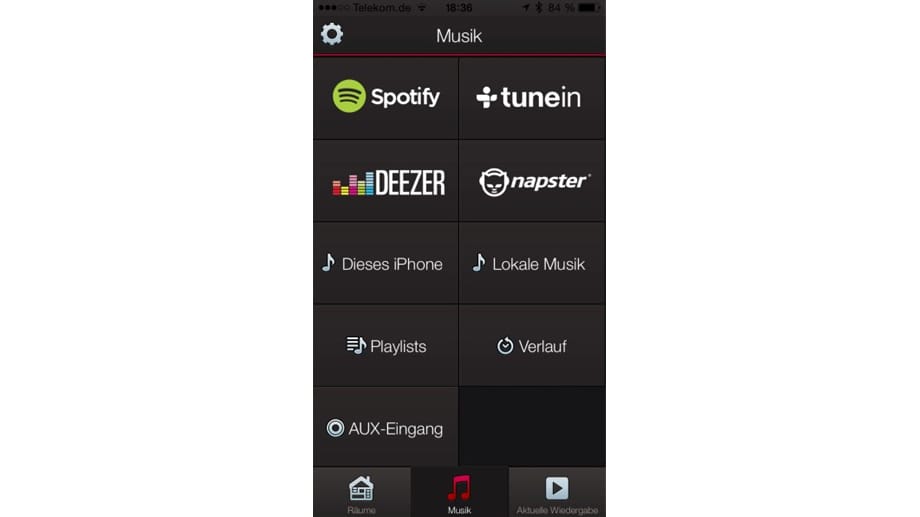Auswahl: Die Heos-App von Denon bietet verschiedene lokale und Online-Musikquellen zum Abspielen an. Hinter dem Spotify-Button verbirgt sich allerdings nur eine Anleitung, wie man aus der Spotify-App Musik auf die Box streamen kann.