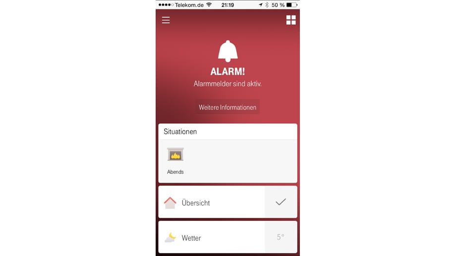 Die Alarmmeldung in der App "Smart Home" wird als Pushmeldung auch dann angezeigt, wenn die App geschlossen ist.