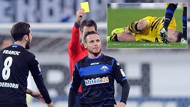 Für sein Foulspiel an Marco Reus sah Marvin Bakalorz die Gelbe Karte.