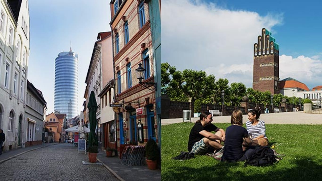 Darmstadt (rechts) und Jena (links) belegen Platz eins der familienfreundlichsten Städte in Deutschland.