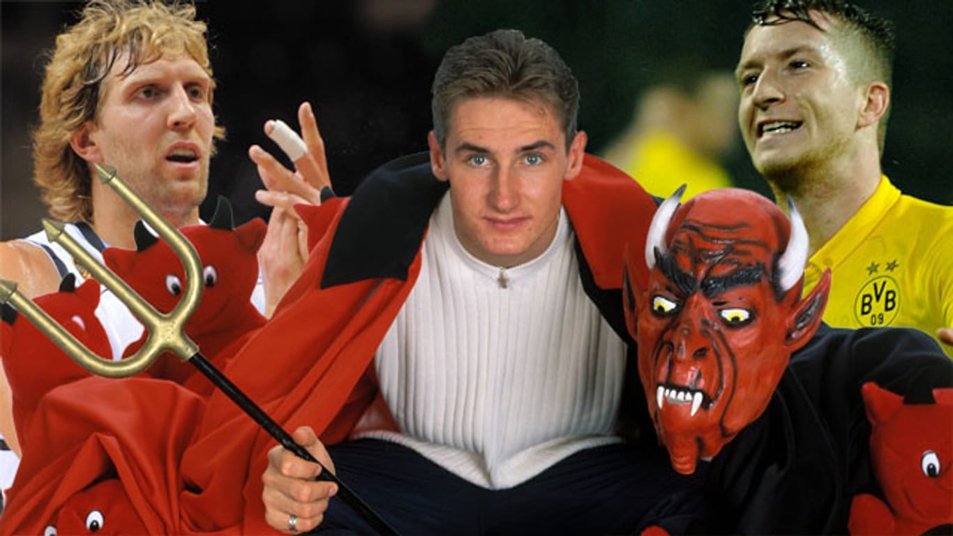 Dirk Nowitzki, Miroslav Klose (im Jahr 2000) und Marco Reus (von li.)