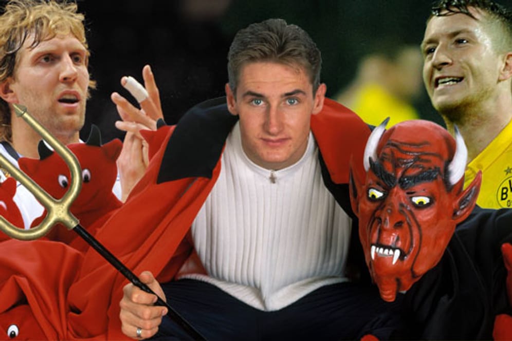 Dirk Nowitzki, Miroslav Klose (im Jahr 2000) und Marco Reus (von li.)