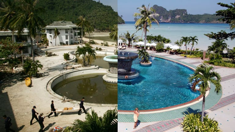 Das vom Tsunami verwüstete Gebiet direkt nach der Katastrophe (links) und heute, zehn Jahre danach (rechts). In den Bildern am Ende des Artikels können Sie weitere Szenen per Mausklick vergleichen.