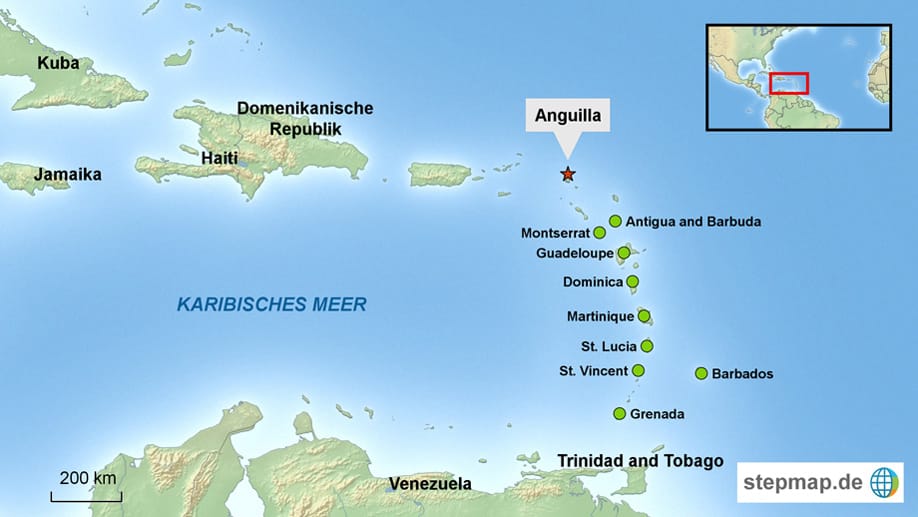 Anguilla liegt in der Karibik und gehört zu den Kleinen Antillen. Sie ist ein Überseegebiet des Vereinigten Königreichs.
