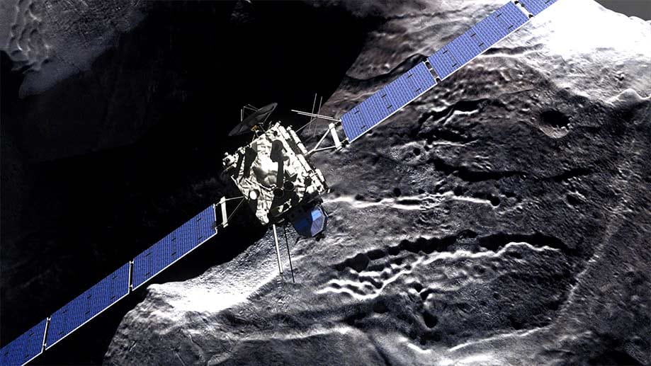 Das Foto zeigt die simulierte Annäherung der Raumsonde "Rosetta" an den Kometen "Tschuri"