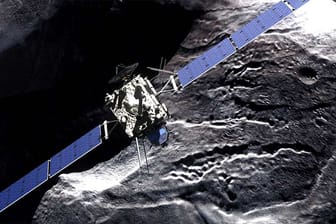Das Foto zeigt die simulierte Annäherung der Raumsonde "Rosetta" an den Kometen "Tschuri"