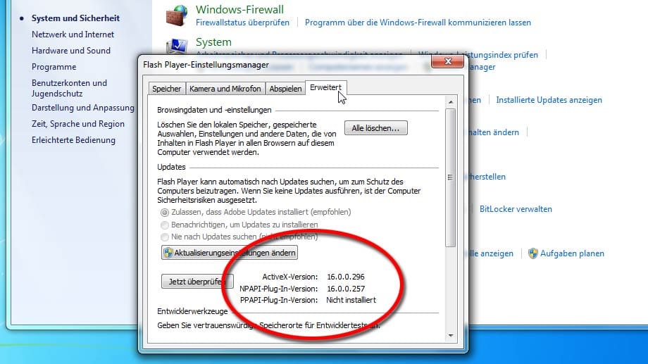 Neben der ActiveX-Version finden Sie die aktuell auf Ihrem Rechner installierte Flash-Version für den Internet Explorer.