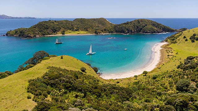 Das Wasser der Bay of Islands sieht beinahe karibisch aus, insgesamt gibt es 144 Inseln.