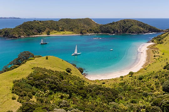 Das Wasser der Bay of Islands sieht beinahe karibisch aus, insgesamt gibt es 144 Inseln.